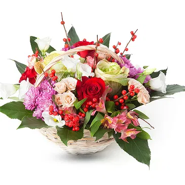 Oman flowers  -  Basket of mixed flowers in red, white and pur Flower Bouquet/Arrangement