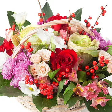 Oman flowers  -  Basket of mixed flowers in red, white and pur Flower Bouquet/Arrangement