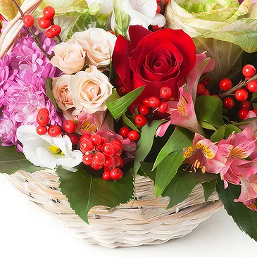 Oman flowers  -  Basket of mixed flowers in red, white and pur Flower Bouquet/Arrangement