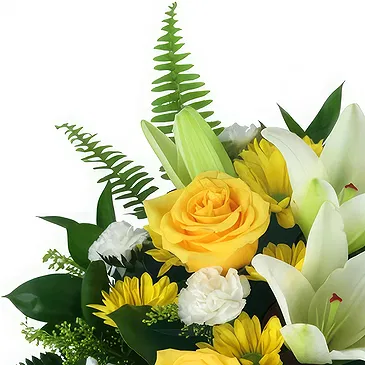 Luganville Blumen Florist- Trauergesteck aus gelben Rosen und weißen Bouquet/Blumenschmuck