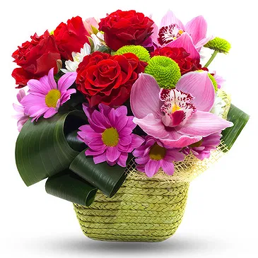 Oman flowers  -  Basket of red roses and purple flowers Flower Bouquet/Arrangement