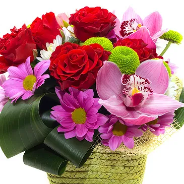 Oman flowers  -  Basket of red roses and purple flowers Flower Bouquet/Arrangement