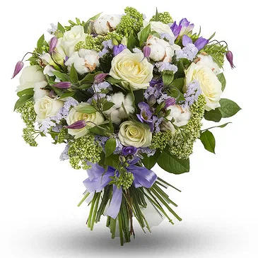 Anse-la-Raye blomster- Begravelsesbukett med hvite roser og lilla fl Blomsterarrangementer bukett