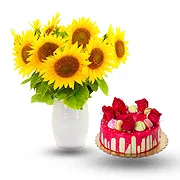 Spanish online Florist - Arrangement of sunflowers with modern cake Bouquet