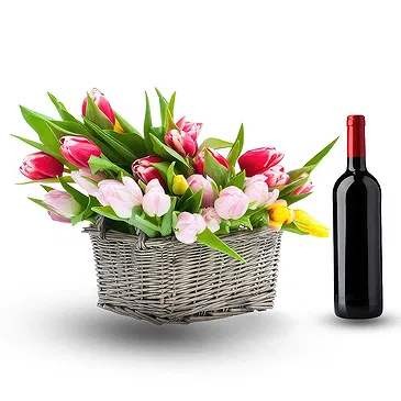 Maggotty flowers  -  Basket of mix tulips with red wine Flower Bouquet/Arrangement
