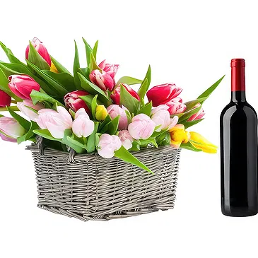 Maggotty flowers  -  Basket of mix tulips with red wine Flower Bouquet/Arrangement
