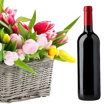 Maggotty flowers  -  Basket of mix tulips with red wine Flower Bouquet/Arrangement