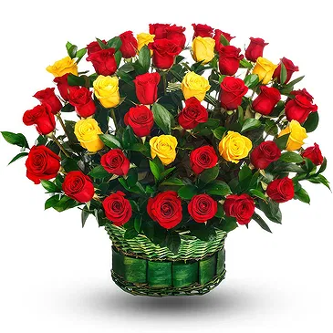 Oman flowers  -  Basket of 50 mixed Yellow and Red Roses Flower Bouquet/Arrangement