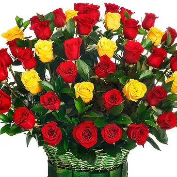 Oman flowers  -  Basket of 50 mixed Yellow and Red Roses Flower Bouquet/Arrangement