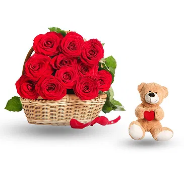Bergen blomster- kurv med 12 røde roser med bamse Blomst buket/Arrangement