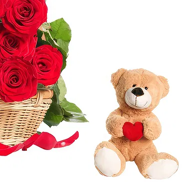 Bergen blomster- kurv med 12 røde roser med bamse Blomst buket/Arrangement