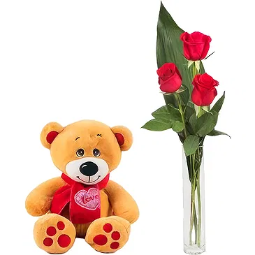 flores Potrero Sucio floristeria -  3 rosas rojas + osito de peluche Ramo de flores/arreglo floral