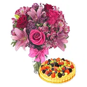 Montego Bay Online Blumenhändler - Rosa Blumenstrauß mit Früchtekuchen Blumenstrauß