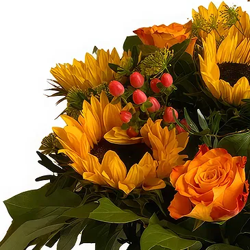 fleuriste fleurs de Belgique- Délice de tournesols et de roses oranges Bouquet/Arrangement floral