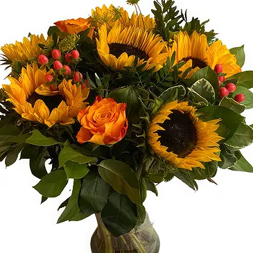 fleuriste fleurs de Belgique- Délice de tournesols et de roses oranges Bouquet/Arrangement floral