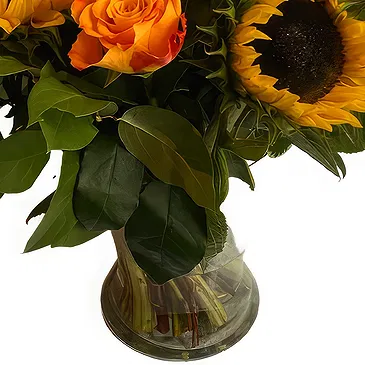 fleuriste fleurs de Belgique- Délice de tournesols et de roses oranges Bouquet/Arrangement floral