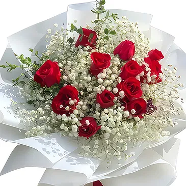 China flowers  -  Elegant Red Roses with White Baby's Breath Flower Bouquet/Arrangement
