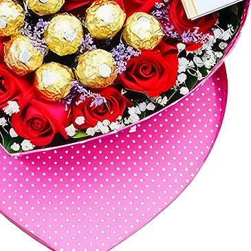 China flowers  -  Red Roses & Chocolates in Heart Box with Gree Flower Bouquet/Arrangement