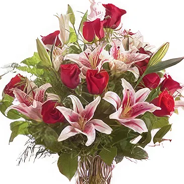 China flowers  -  Glass Vase with Red Roses and Pink Casablanca Flower Bouquet/Arrangement