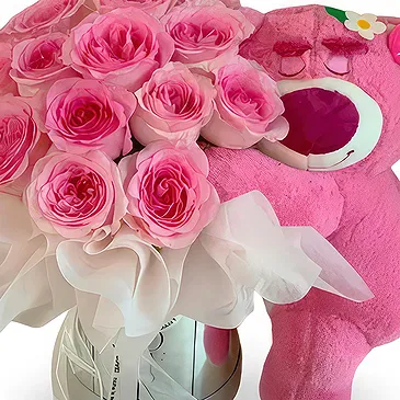 China flowers  -  Pink Roses Box with Adorable Pink Bear Flower Bouquet/Arrangement