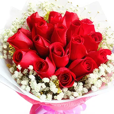 Qingdao flowers  -  Romantic  Red Roses with Baby's Breath & Pape Flower Bouquet/Arrangement