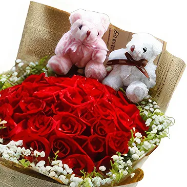 China flowers  -  Hand-Tied 24 Red Roses with Baby's Breath & T Flower Bouquet/Arrangement