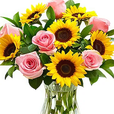 Huaibei bloemen bloemist- Levendig zonnebloem- en roze rozenboeket in V Boeket/bloemstuk