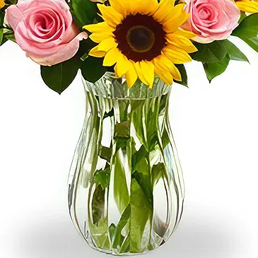 Huaibei bloemen bloemist- Levendig zonnebloem- en roze rozenboeket in V Boeket/bloemstuk