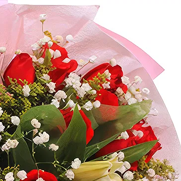 China flowers  -  Red Roses and White Lily with Baby’s Breath B Flower Bouquet/Arrangement