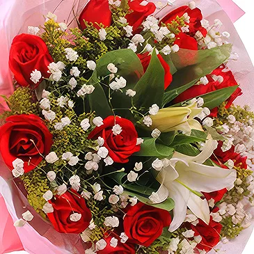 China flowers  -  Red Roses and White Lily with Baby’s Breath B Flower Bouquet/Arrangement