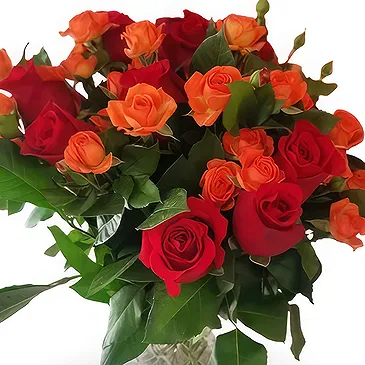 China flowers  -  Red and Orange Roses Bouquet in Glass Vase Flower Bouquet/Arrangement