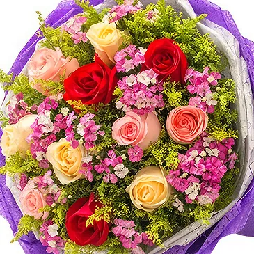 China flowers  -  Vibrant Red, Pink, and Champagne Roses Flower Bouquet/Arrangement