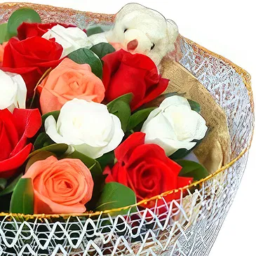 China flowers  -  Romantic Red, White, and Pink Roses with Bear Flower Bouquet/Arrangement