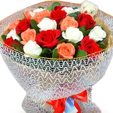 China flowers  -  Romantic Red, White, and Pink Roses with Bear Flower Bouquet/Arrangement