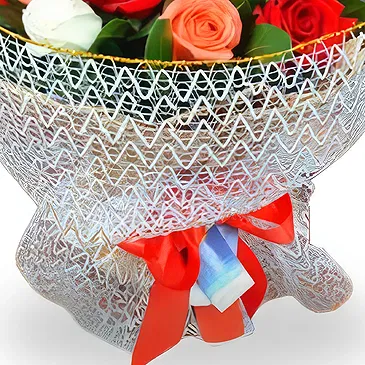 China flowers  -  Romantic Red, White, and Pink Roses with Bear Flower Bouquet/Arrangement