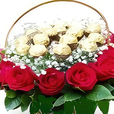 China flowers  -  Romantic Red Roses with Chocolates in a Baske Flower Bouquet/Arrangement