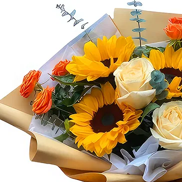 Qingdao flowers  -  Golden Sunflower and Champagne Rose Bouquet Flower Bouquet/Arrangement