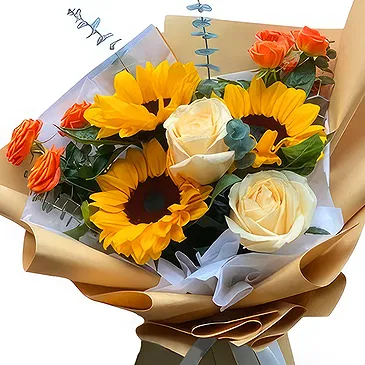 Qingdao flowers  -  Golden Sunflower and Champagne Rose Bouquet Flower Bouquet/Arrangement