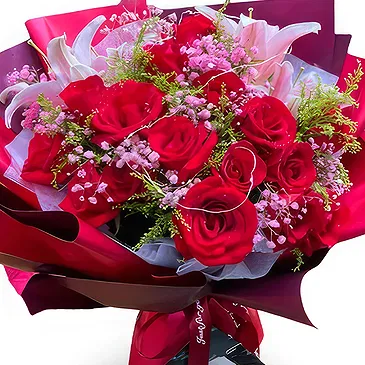 China flowers  -  Passionate Red Rose and Pink Lily Floral Arra Flower Bouquet/Arrangement