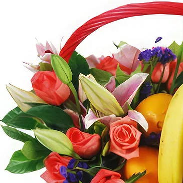 China flowers  -  Vibrant Mixed Flowers with Seasonal Fruits Ba Flower Bouquet/Arrangement
