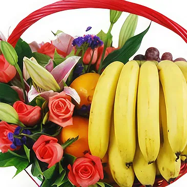 China flowers  -  Vibrant Mixed Flowers with Seasonal Fruits Ba Flower Bouquet/Arrangement