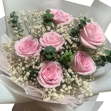 Qingdao flowers  -  Pink Roses with White Baby's Breath Bouquet Flower Bouquet/Arrangement