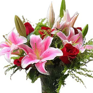 China flowers  -  Elegant Red Roses with Soft Pink Lilies Arran Flower Bouquet/Arrangement