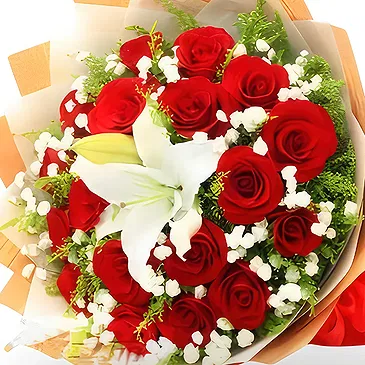 China flowers  -  Red Roses, White Lilies, and Baby’s Breath Flower Bouquet/Arrangement