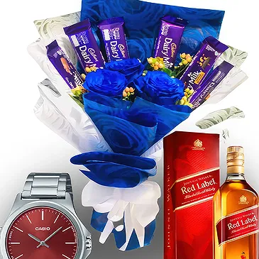 Asipulo flowers  -  Roses, Chocolate, Whiskey & Casio Watch Flower Bouquet/Arrangement