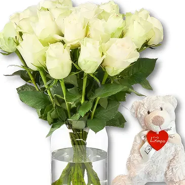 Holland flowers  -  White Roses + Free Bear Flower Bouquet/Arrangement