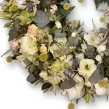 Langholt blomster- Begravelseskrans i hvitt og grønt Blomsterarrangementer bukett