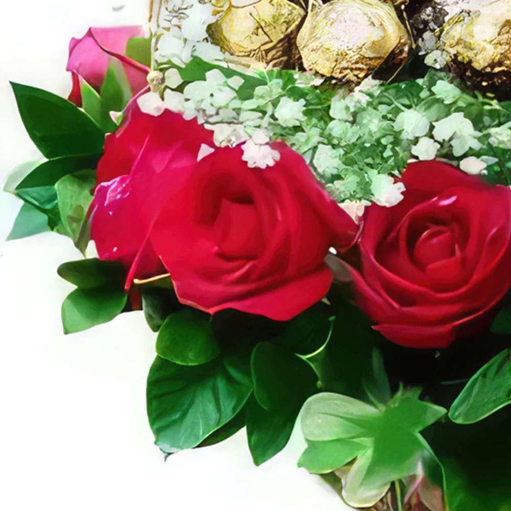 China bunga- Bakul dengan Mawar dan Coklat Sejambak/gubahan bunga