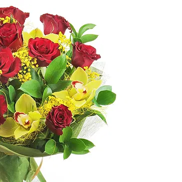 fleuriste fleurs de Bolbeno- Mimosa et roses rouges Bouquet/Arrangement floral