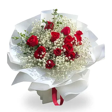 China flowers  -  Elegant Red Roses with White Baby's Breath Flower Bouquet/Arrangement